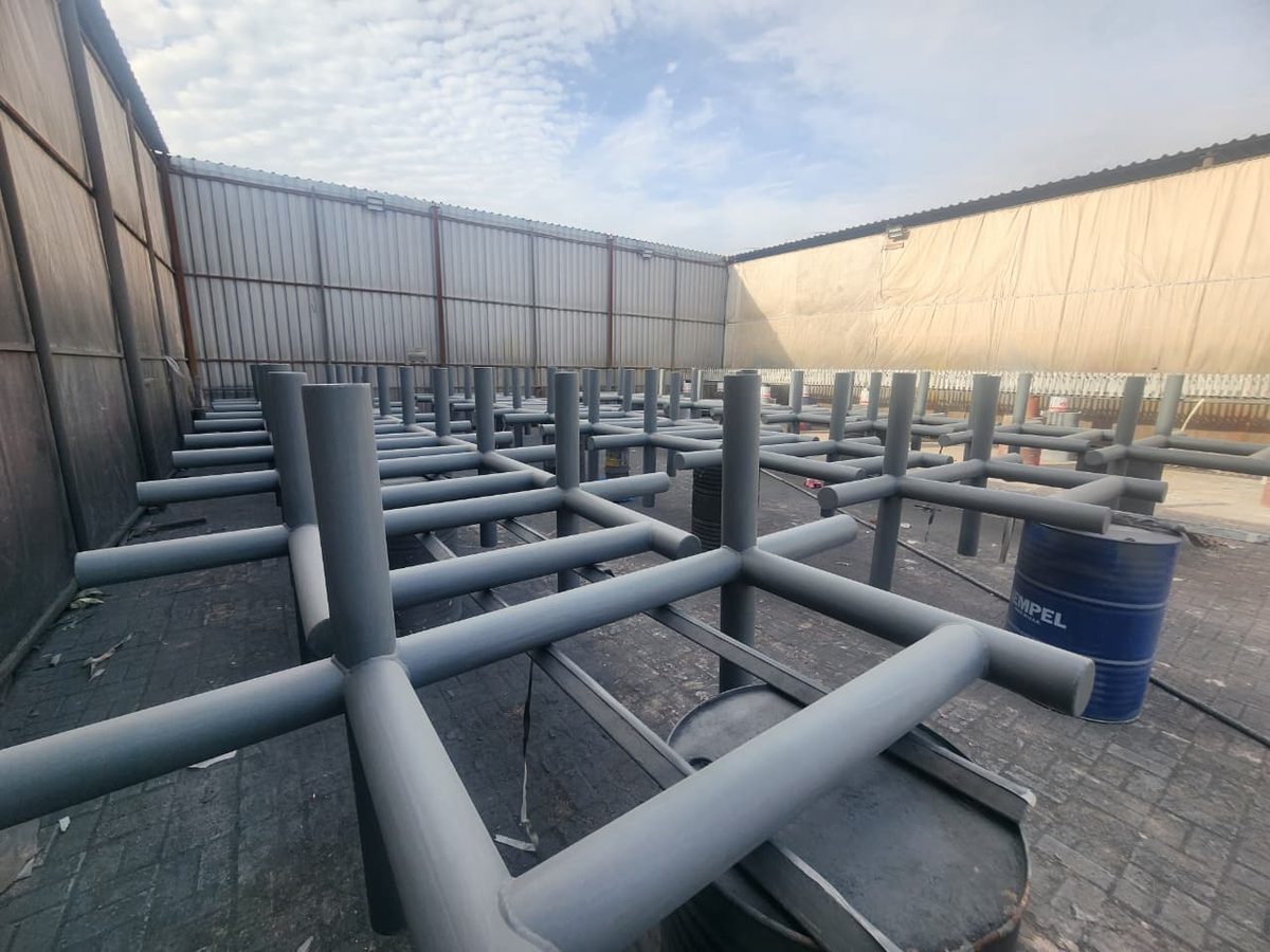 Fabricated hurdle supports in the yard prior to delivery